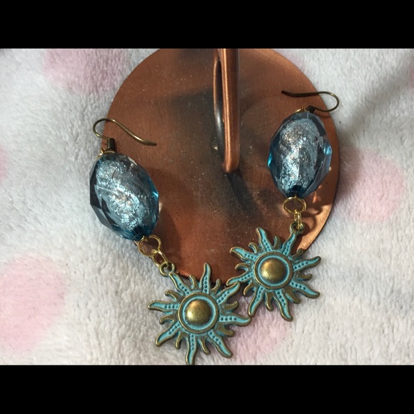 SOLD! Verdigris Sun Dangle Earrings - Picture 6 of 6